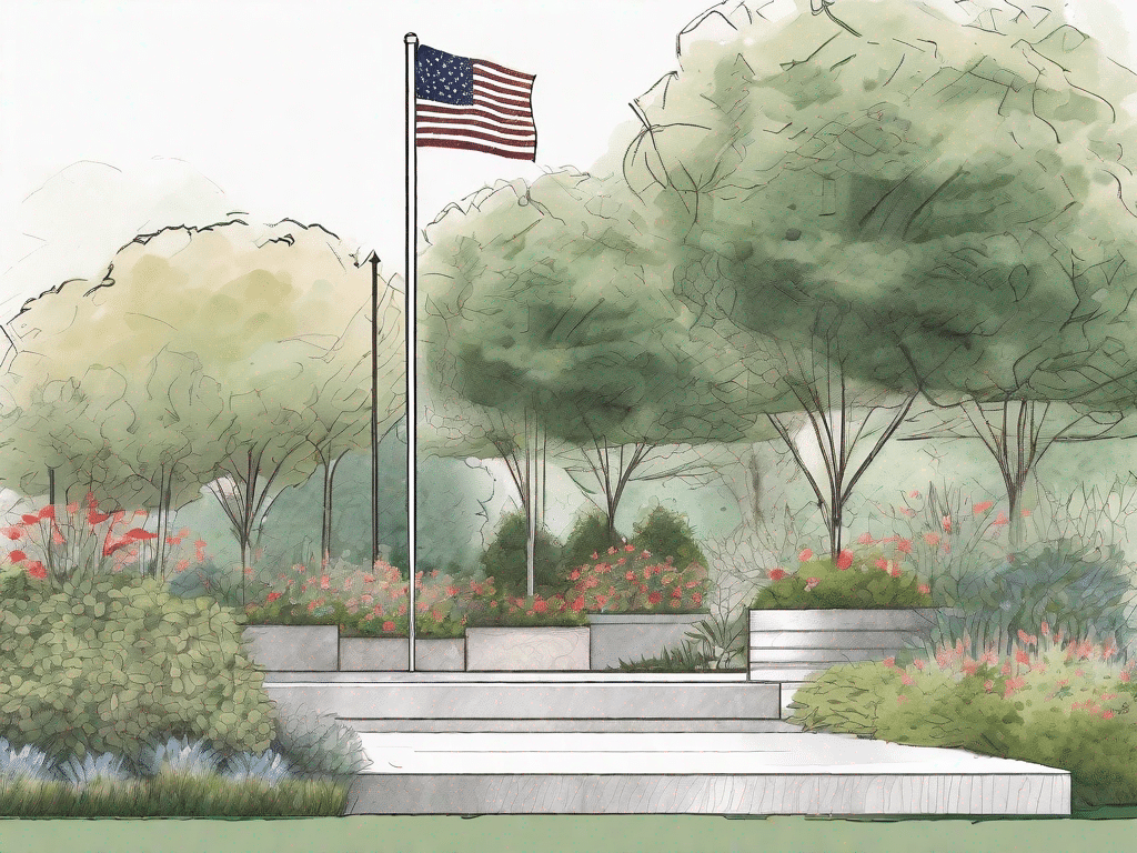 A detailed flagpole construction process in a lush garden setting