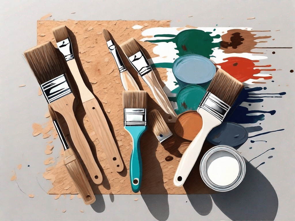 Osb (oriented strand board) with various painting tools like brushes