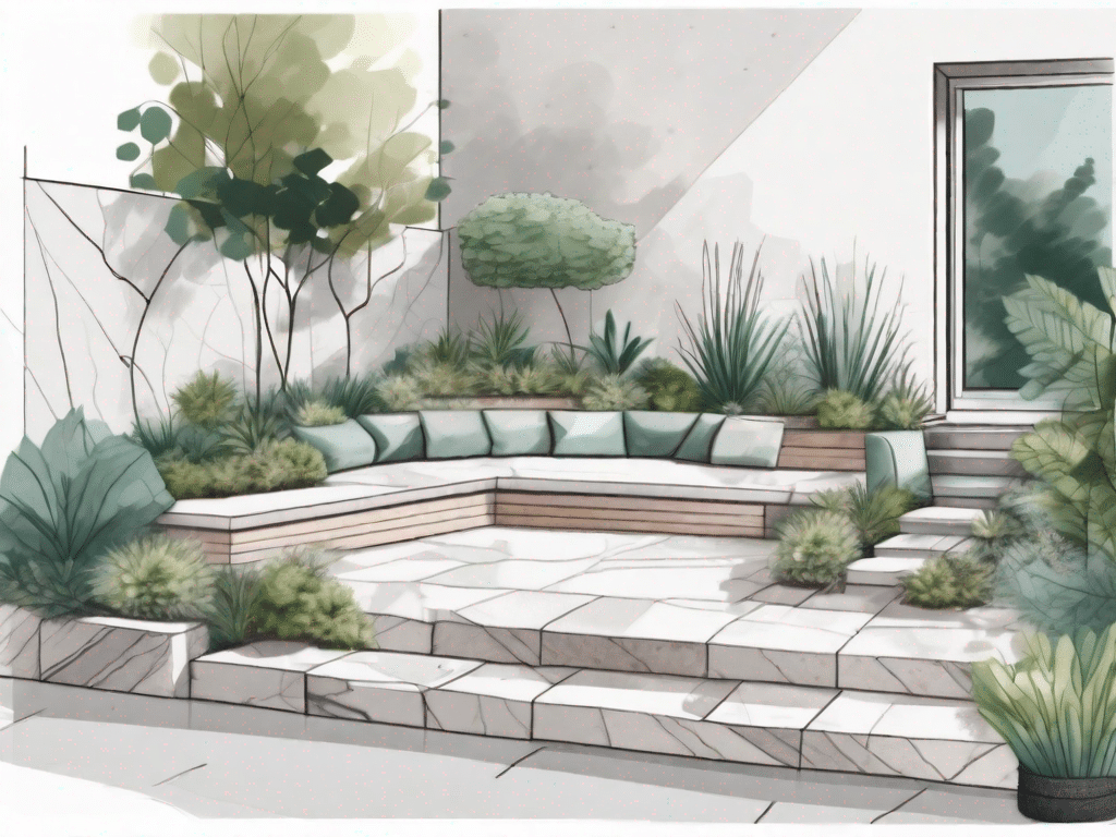 A natural stone terrace in the process of being installed