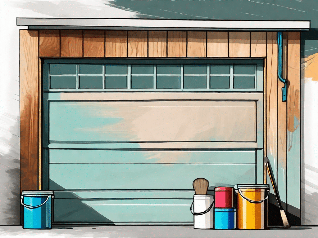 A wooden garage door half-painted in a vibrant color