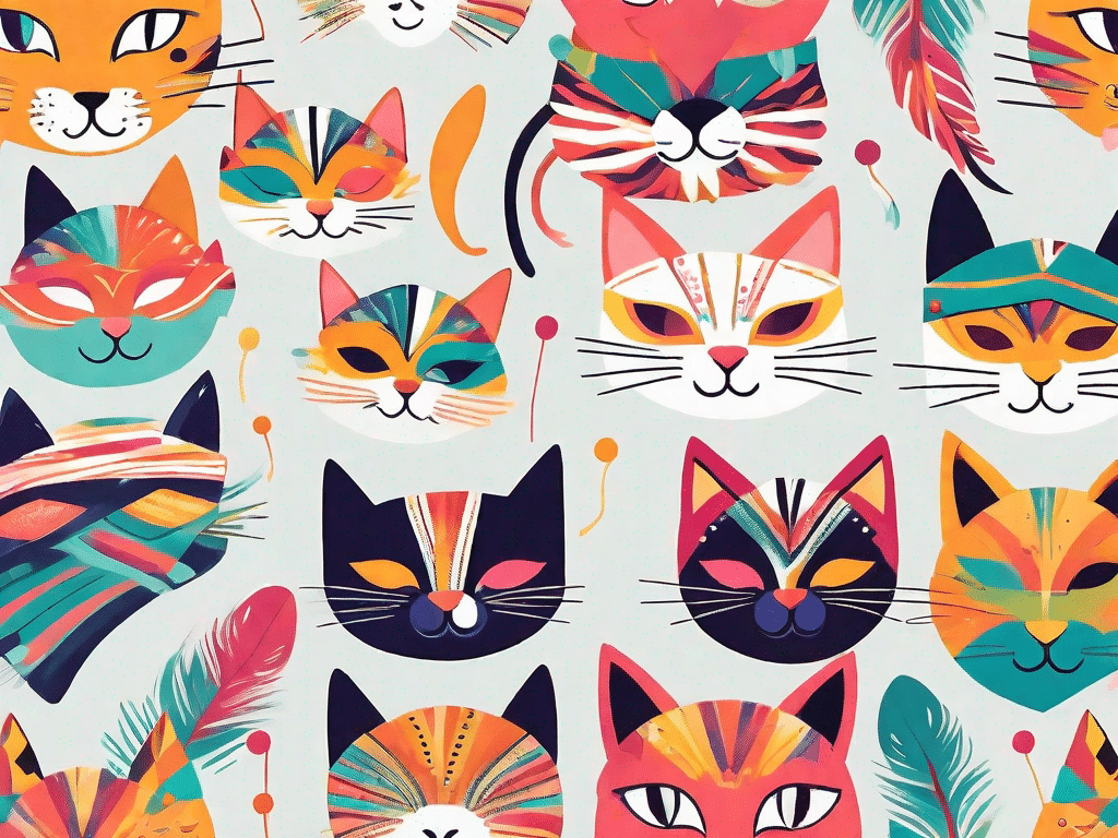 A variety of playful cats wearing colorful