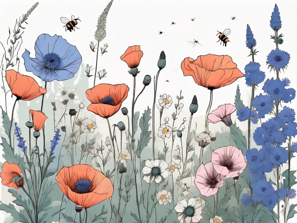 A lush garden filled with various wildflowers like poppies