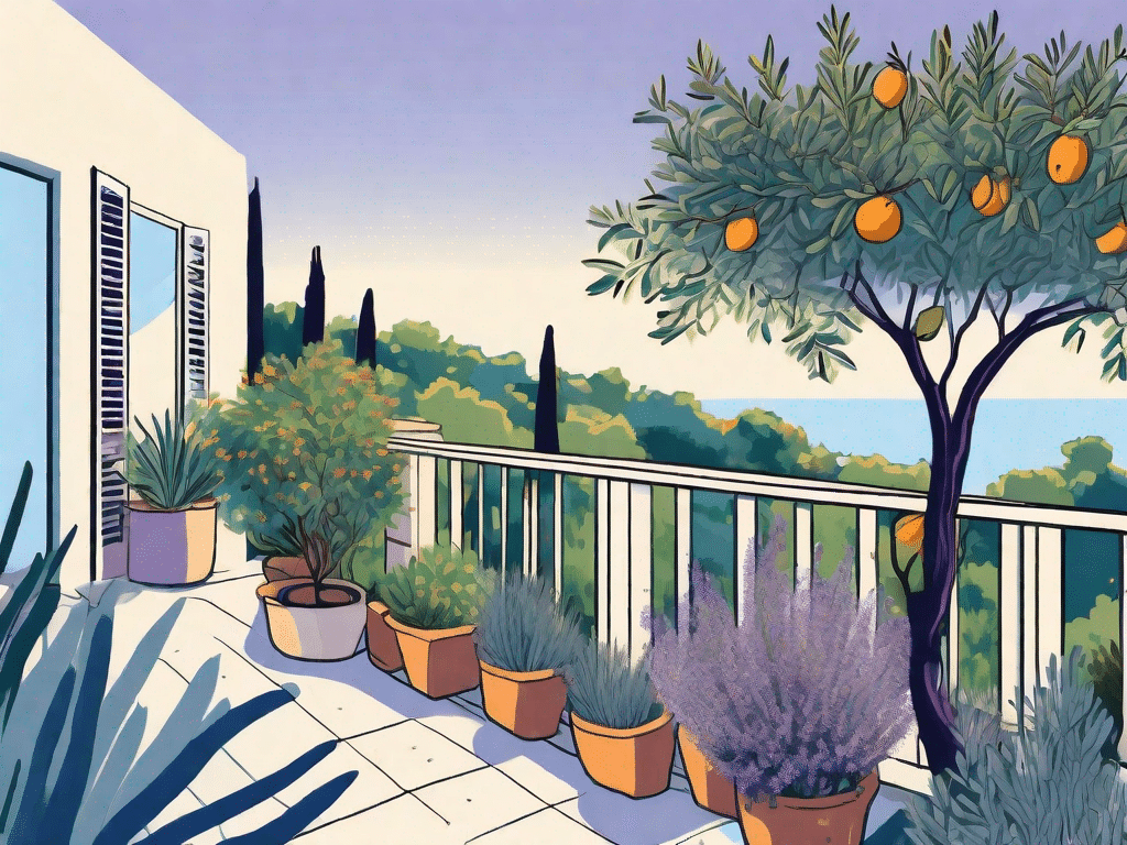 A vibrant and lush balcony garden filled with various mediterranean trees and shrubs