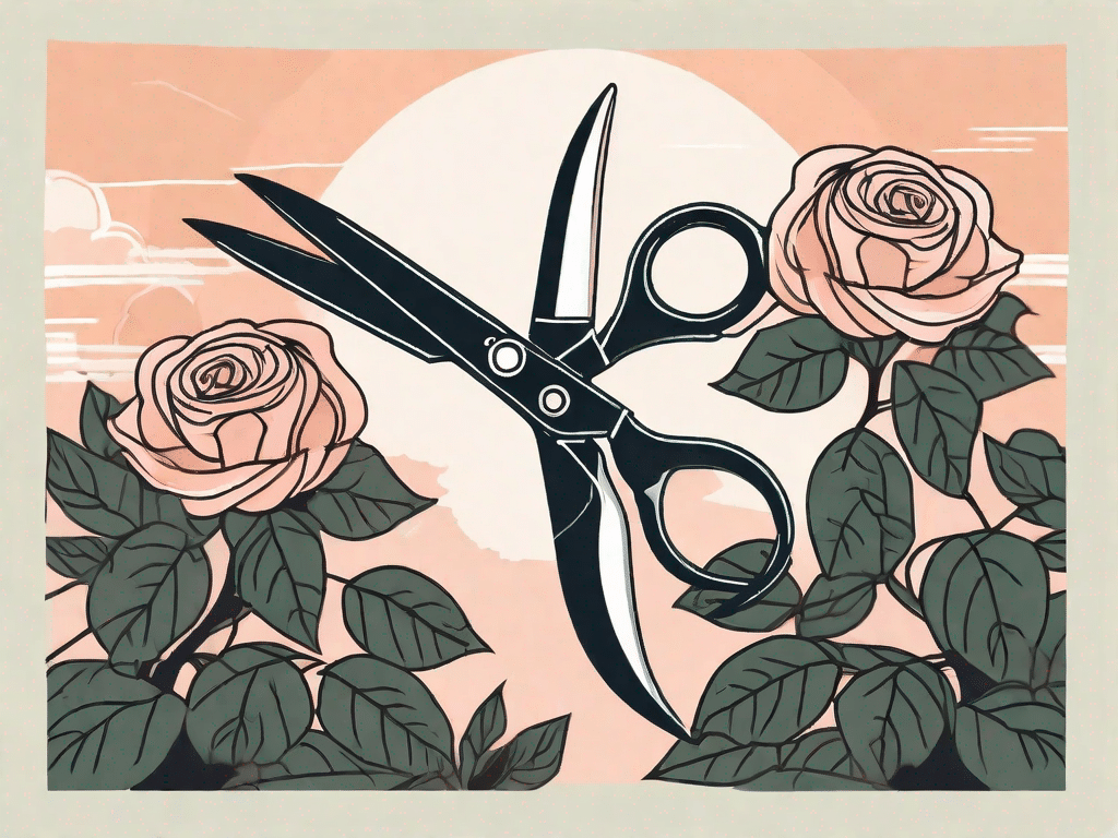 A pair of garden shears cutting into a shrub rose during sunrise