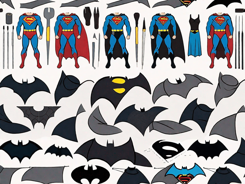 A diy table setup showing the process of making superman and batman costumes