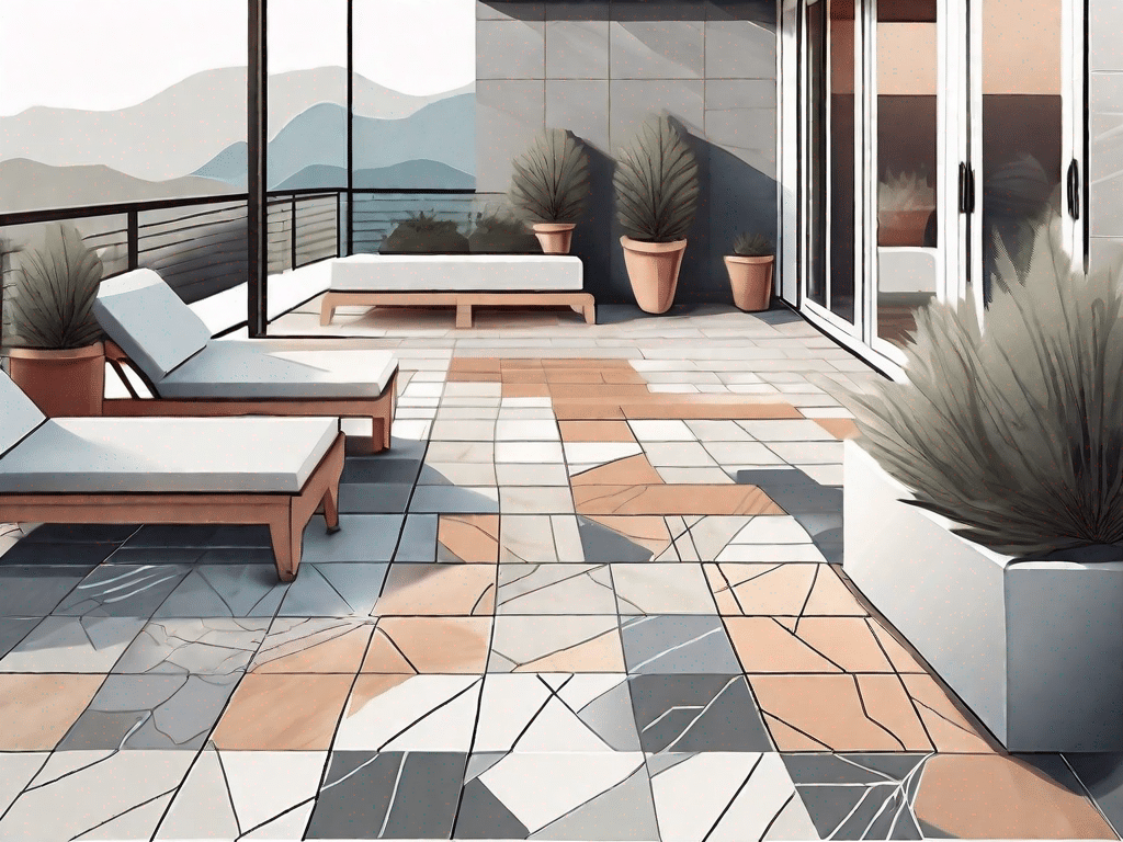 A terrace beautifully adorned with various types of outdoor tiles