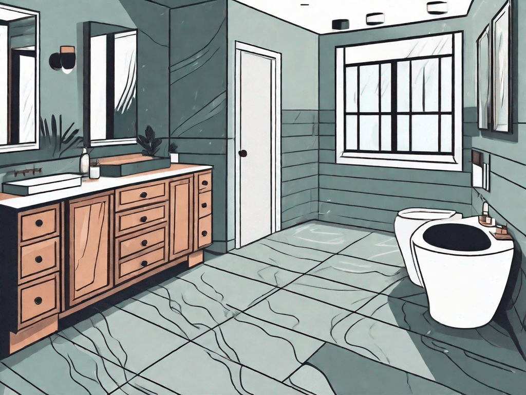 A bathroom interior showcasing various types of waterproof flooring options such as ceramic tiles