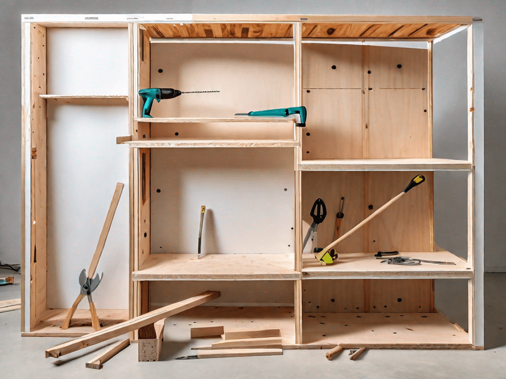 A kellerregal/werkstattregal (basement/workshop shelf) being constructed from leimholz (laminated wood)