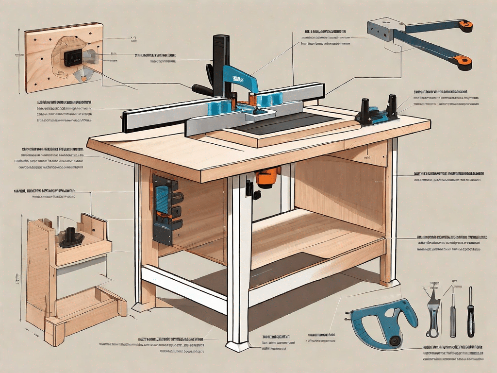 A beginner-friendly router table with its various parts labeled