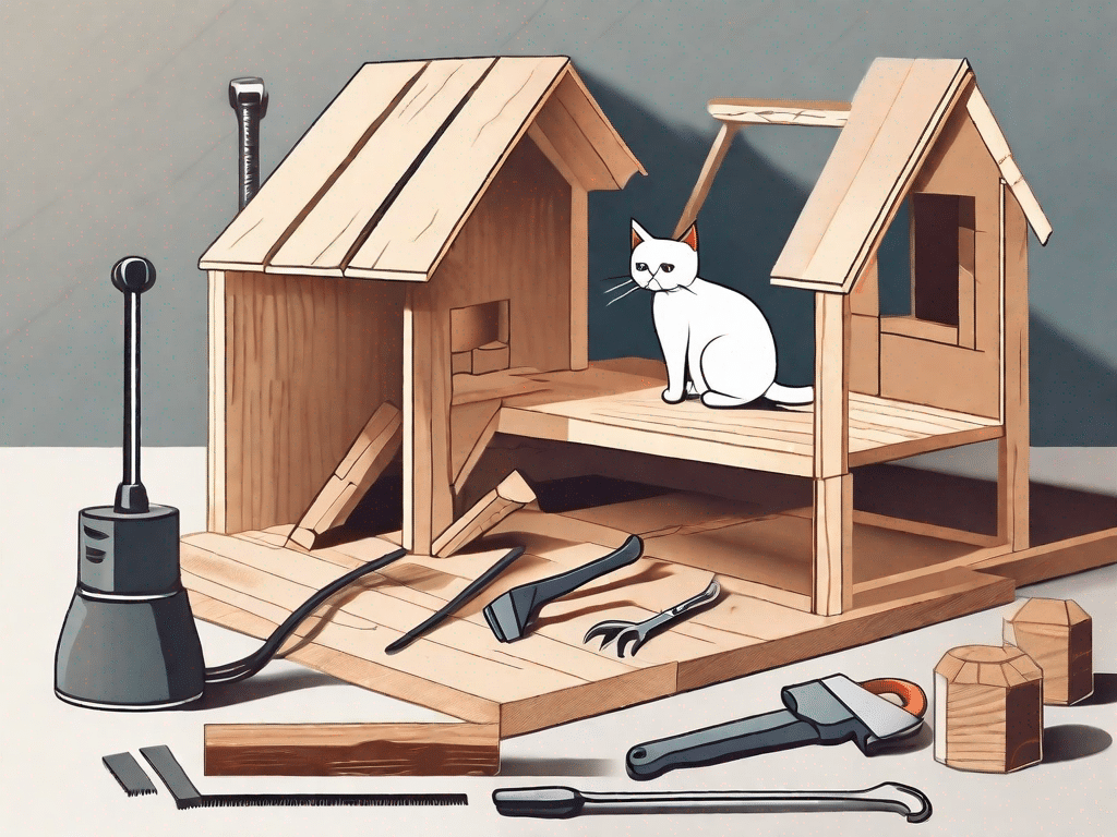 A cat house being constructed from basic materials like wood and nails