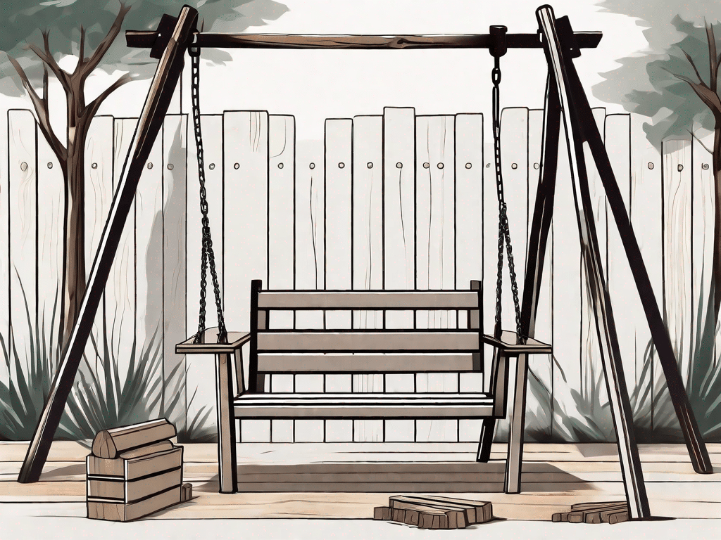 A partially assembled swing bench surrounded by tools and wooden planks