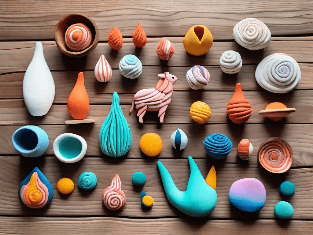 A variety of colorful and creative fimo clay crafts such as miniature animals
