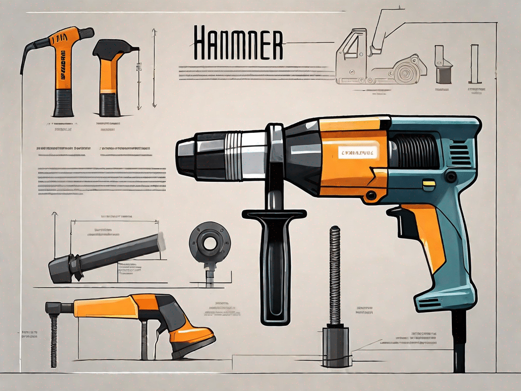A pneumatic hammer with various parts labeled