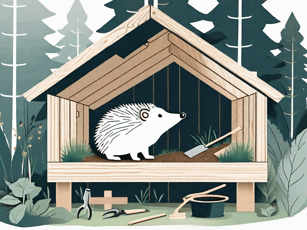 A half-built wooden hedgehog house with tools scattered around