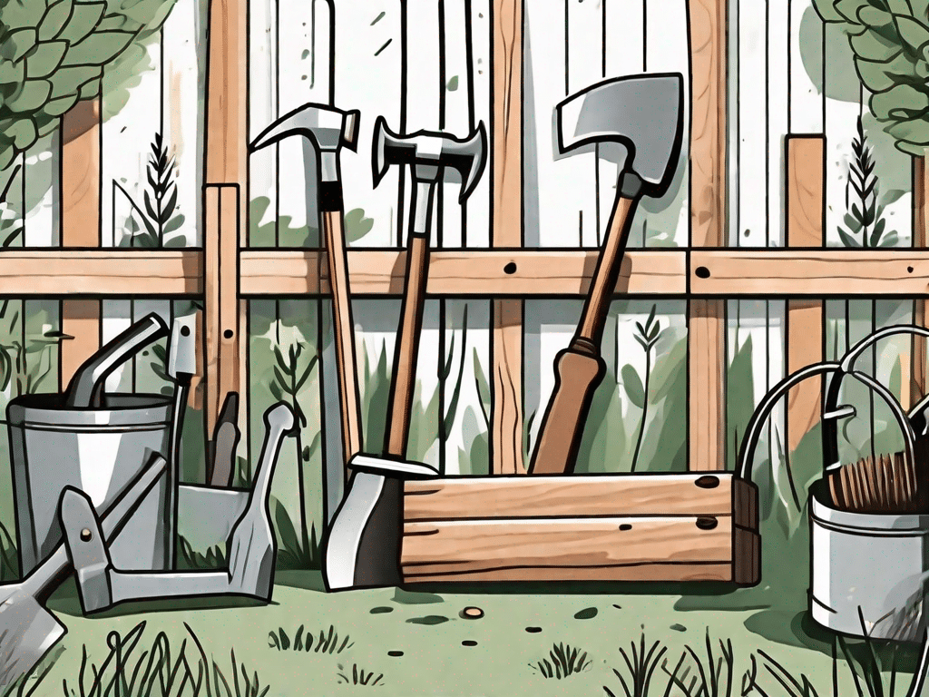A variety of garden tools and materials such as hammers
