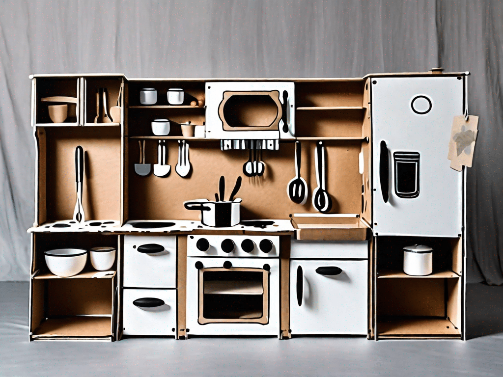 A diy play kitchen made of repurposed materials such as cardboard