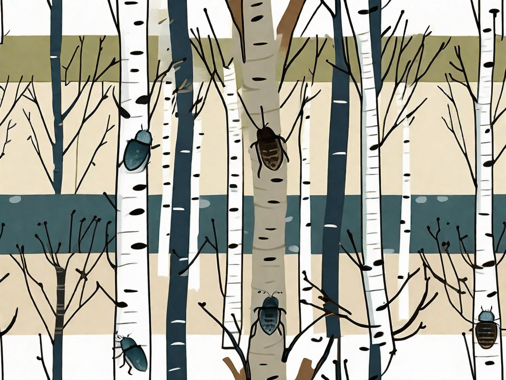 Several birch trees with visible pests