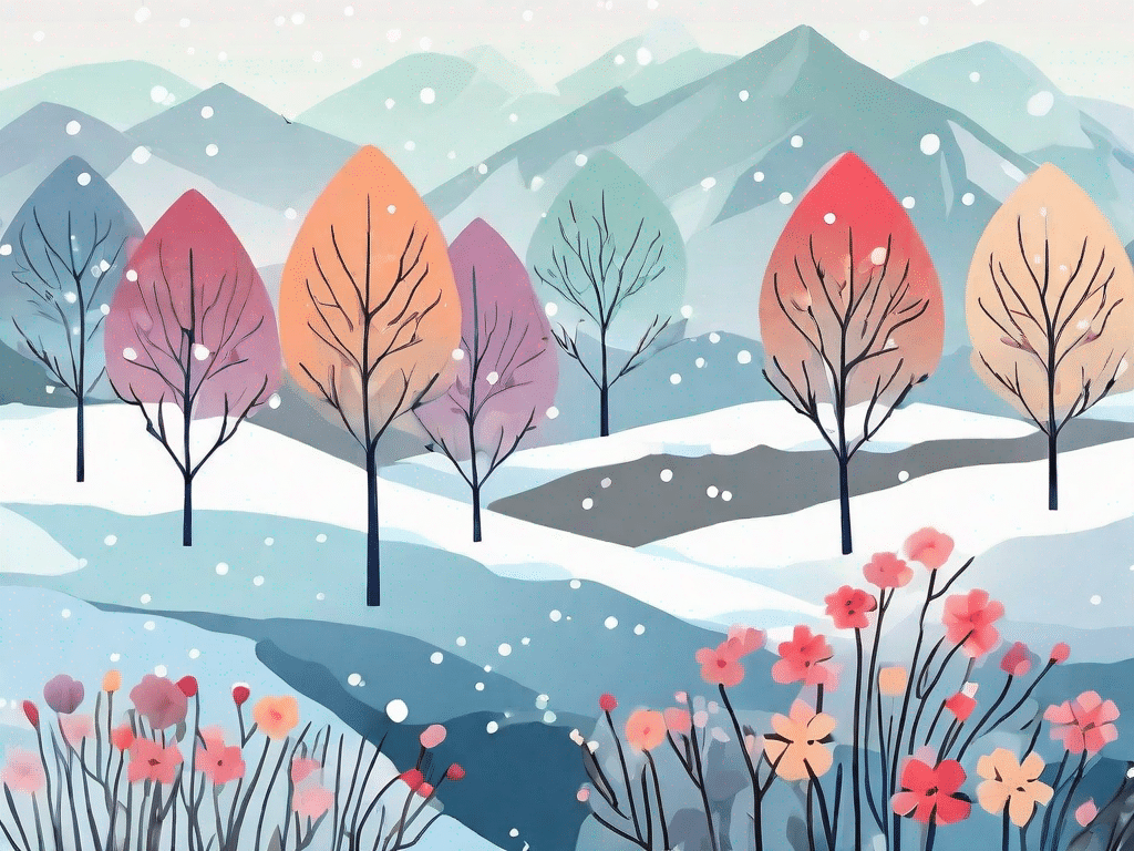 A serene winter landscape featuring seven different types of winter-blooming flowers