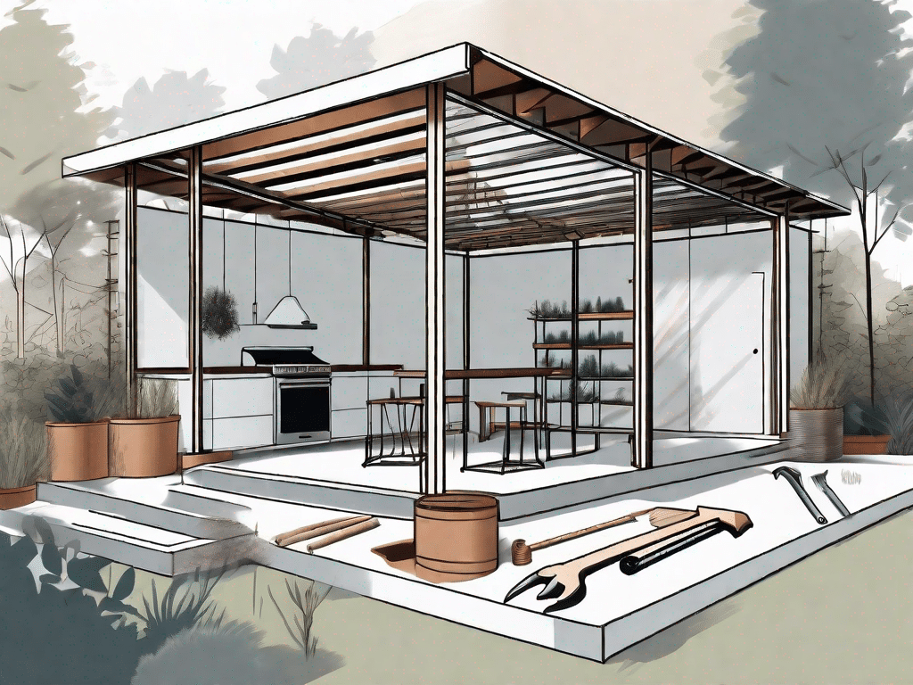 A partially constructed metal pavilion with various tools and materials scattered around