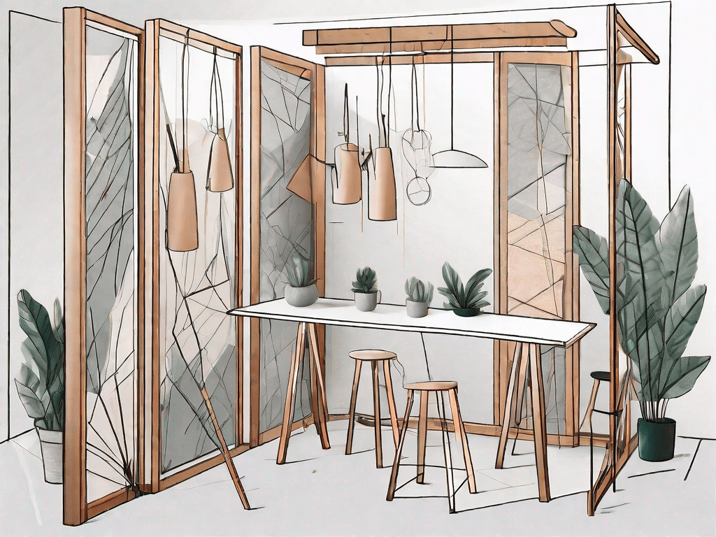 Various stages of constructing a diy room divider