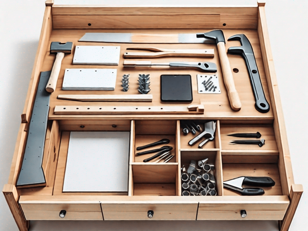 A partially assembled wooden bed frame with built-in storage compartments