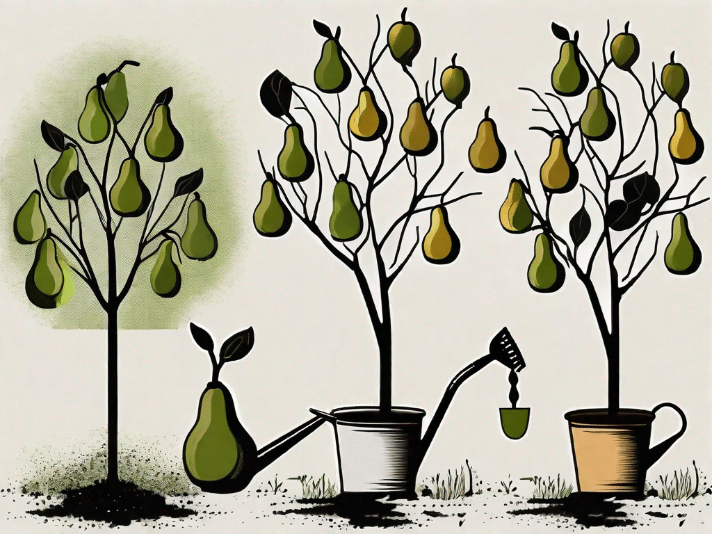 Five different pear varieties on a tree