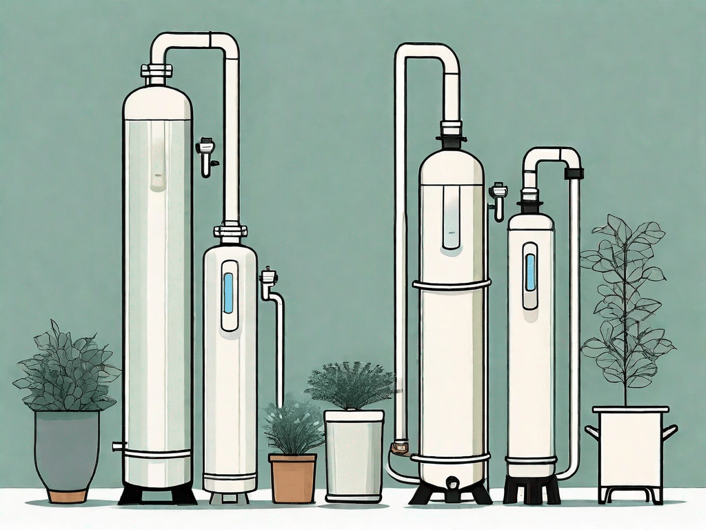 Several different types of water softeners arranged in a row