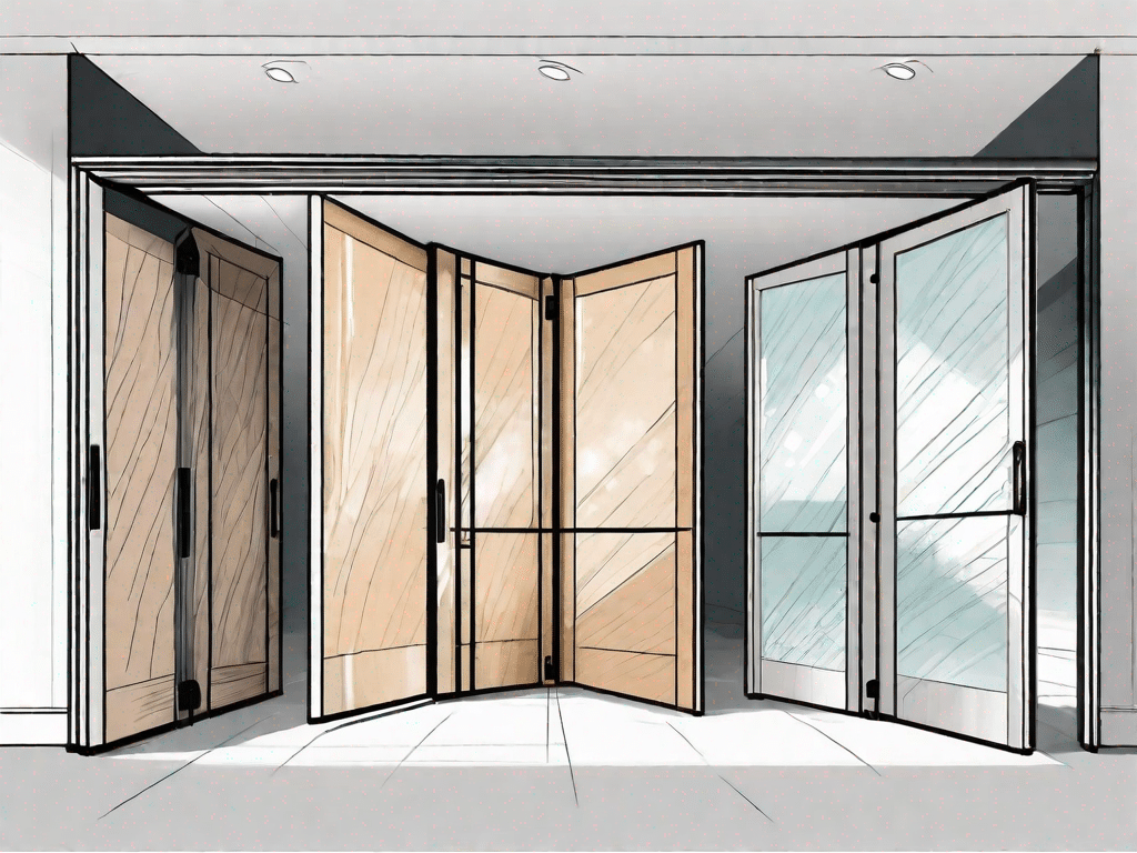 Several types of open folding doors installed in various interior spaces