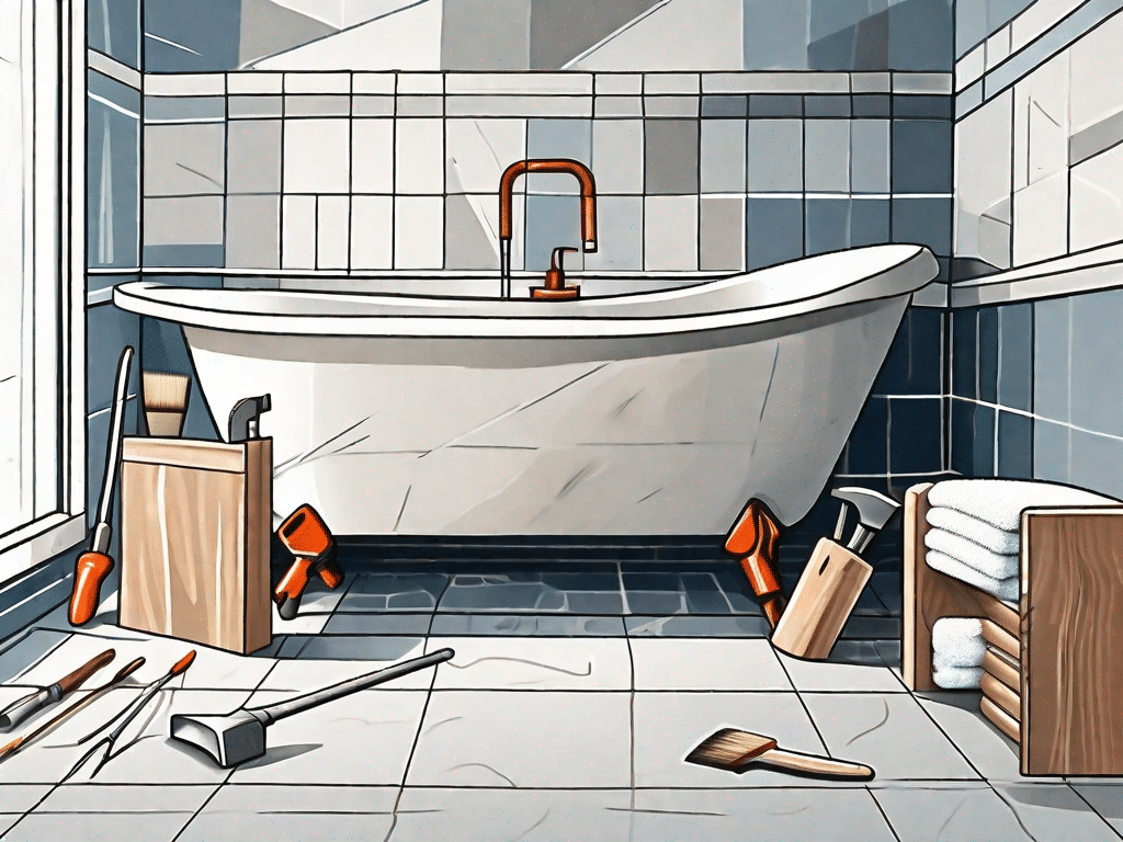 Various tools and materials used for bathroom renovation