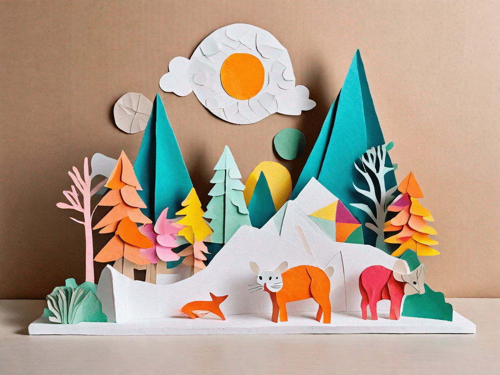 A vibrant scene featuring various stages of papier-mache creation process
