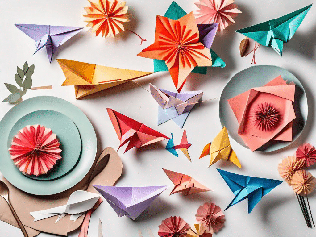 A variety of colorful paper crafts such as origami animals