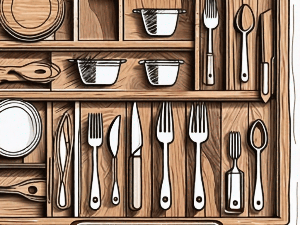 A wooden cutlery organizer with various utensils neatly arranged inside