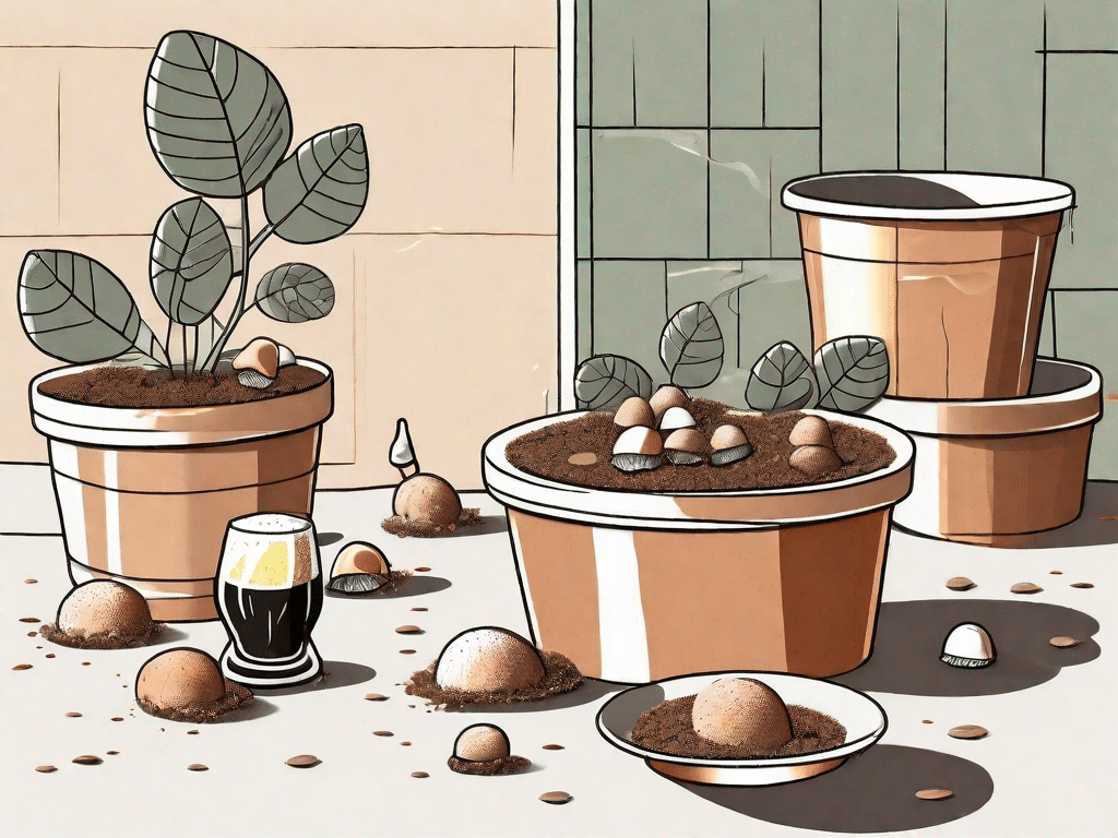 A garden scene with various snail-repelling methods