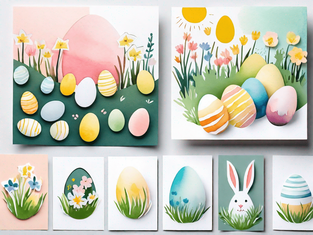 A variety of easter cards in different stages of creation