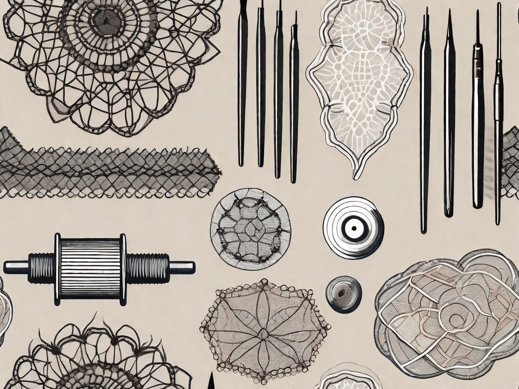 A variety of klöppeln lace patterns alongside lace-making tools such as bobbins