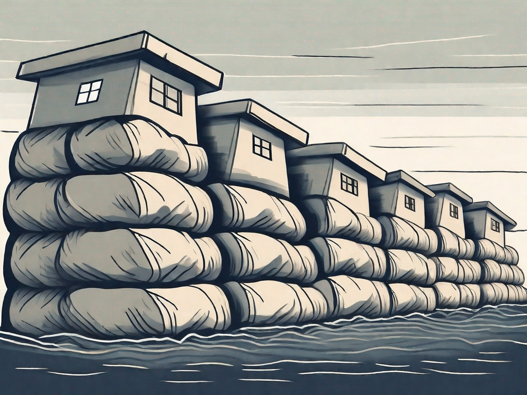 A row of sandbags stacked in a wall-like formation