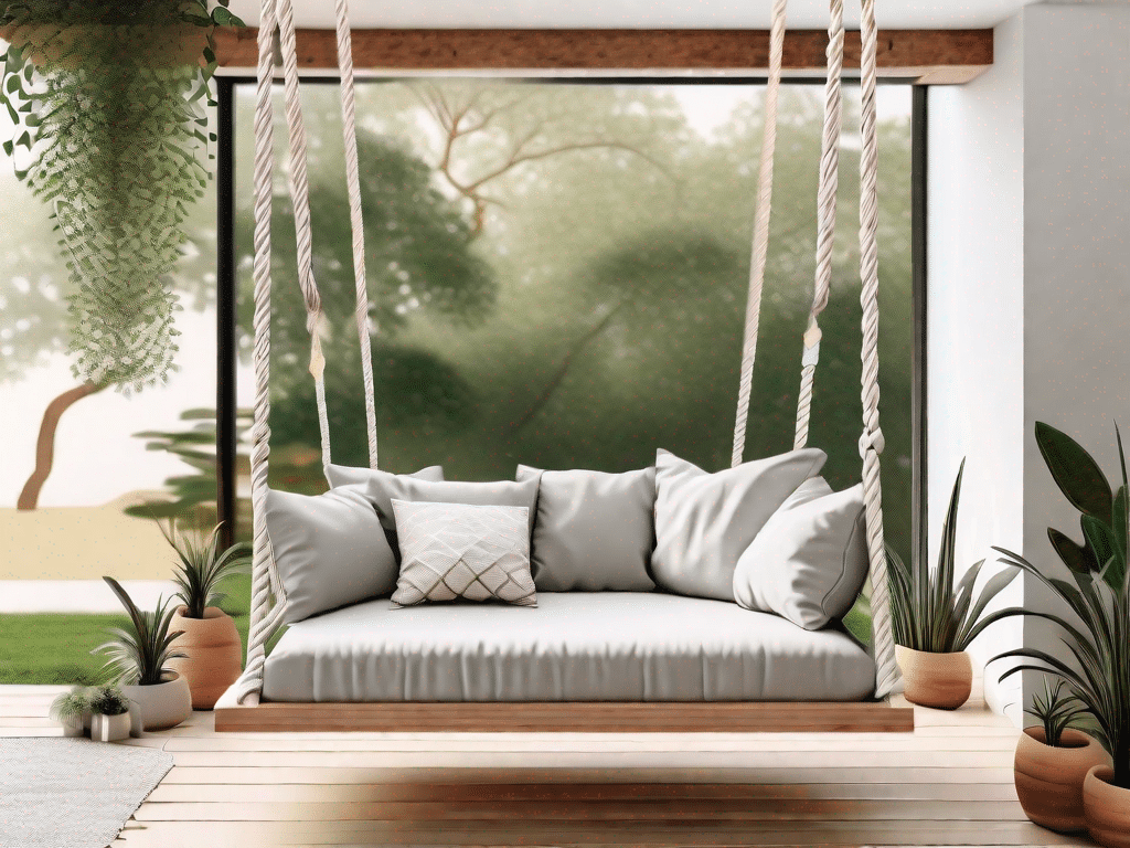 A diy makramee swing hanging from a sturdy branch of a tree in a lush garden