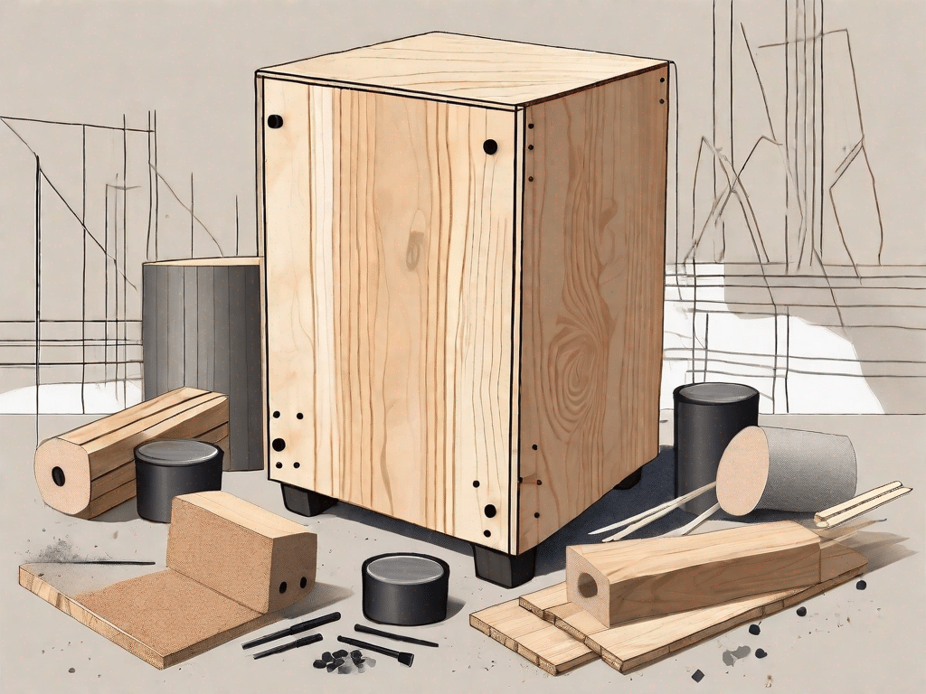 A partially assembled cajon drum with scattered building materials around it