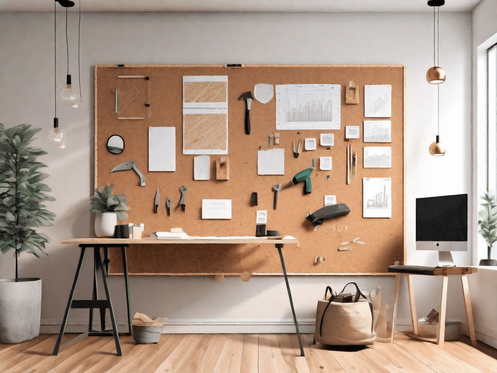 A large diy pinboard with various steps of construction
