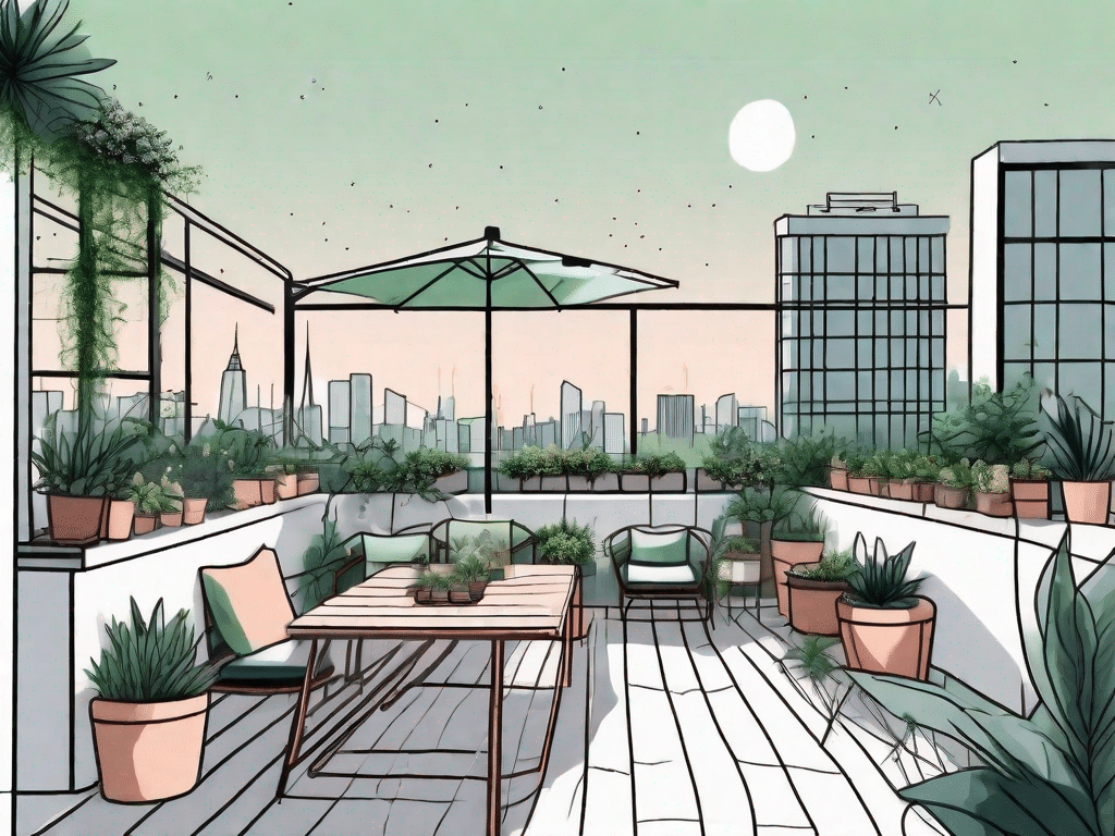 A beautiful rooftop terrace featuring lush green plants