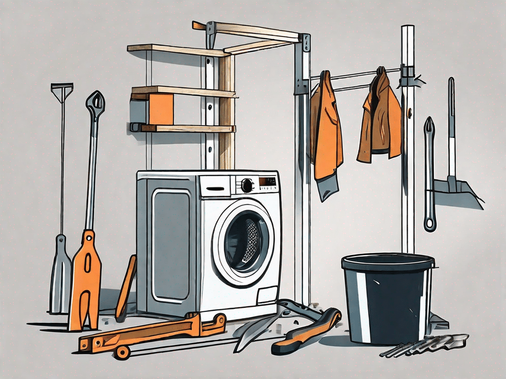 A washer-dryer tower under construction with various tools and materials such as a screwdriver