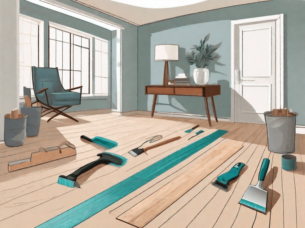 Various stages of installing click linoleum flooring