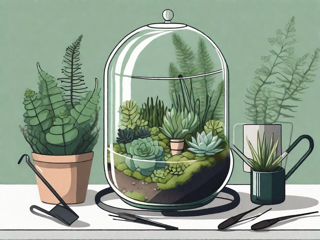 A glass terrarium with a variety of mini plants inside