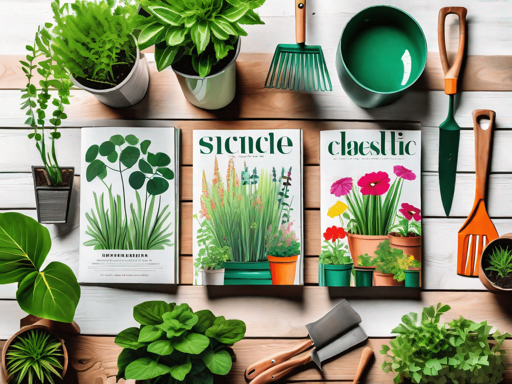 A collection of colorful gardening magazines spread out on a rustic wooden table