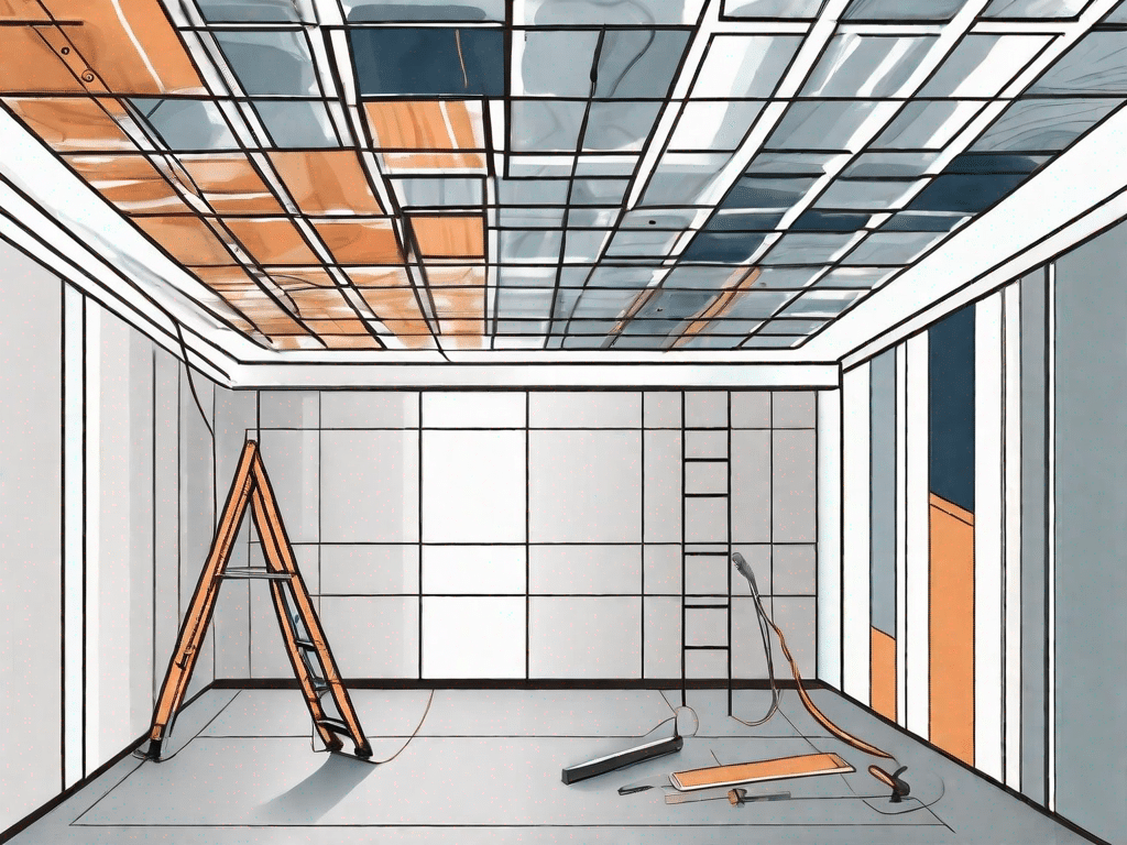 Various ceiling panels and tiles being installed on a ceiling