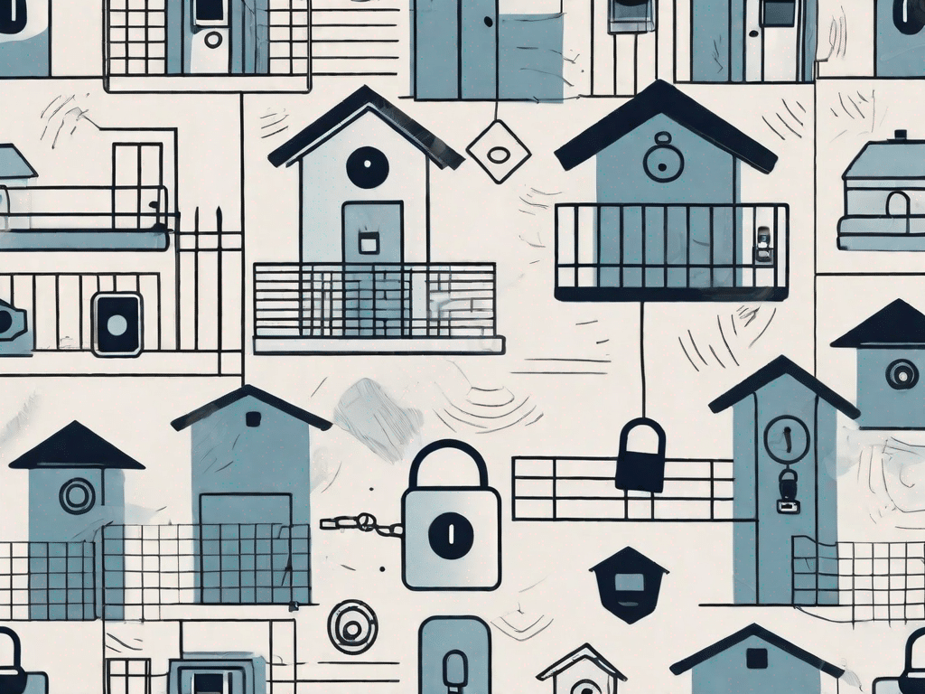 A house and an apartment building surrounded by symbols of security measures such as a padlock