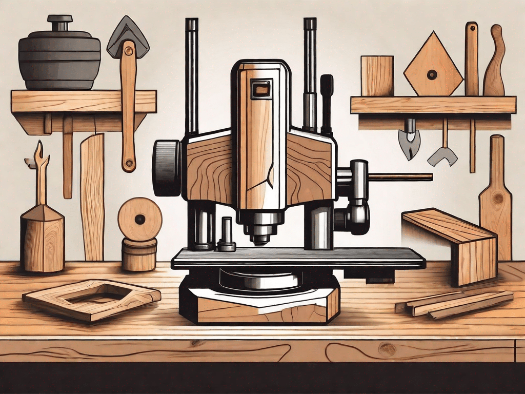 A router surrounded by various woodworking tools