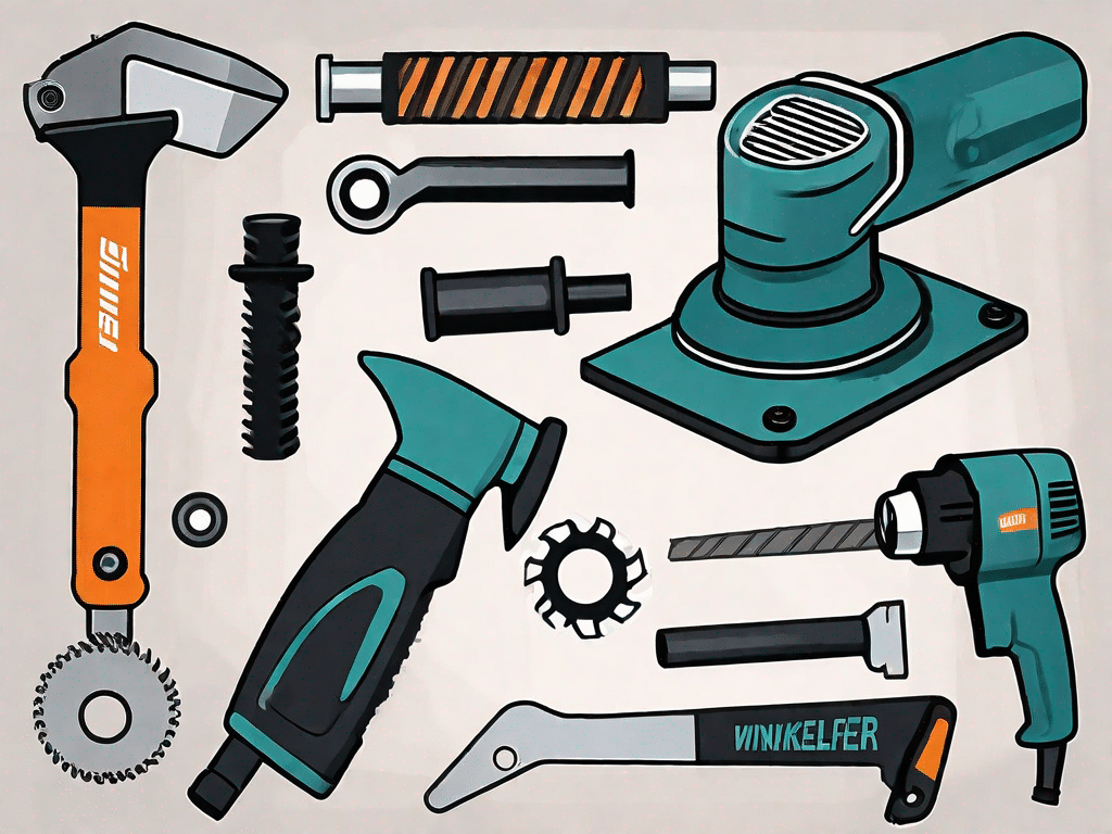 A winkelschleifer (angle grinder) with various attachments and parts labeled