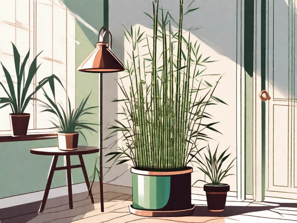 A vibrant indoor setting featuring a well-cared-for bamboo grass plant thriving in a stylish pot