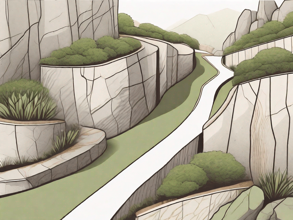 A sloping landscape featuring different methods of slope stabilization such as retaining walls made of boulders